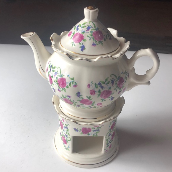 Vintage shabby pink roses teapot candle warmer